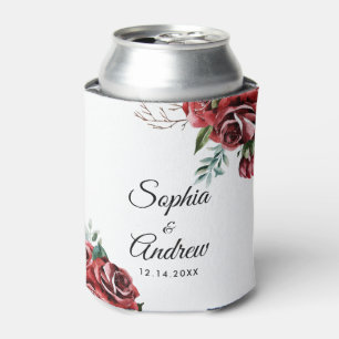 Elegant Marsala Red Rose Rustic Wedding Can Cooler