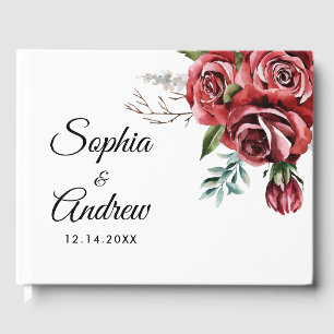 Elegant Marsala Red Rose Rustic Wedding Guest Book