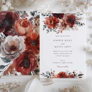 Elegant Marsala Watercolor Floral Wedding Invitation