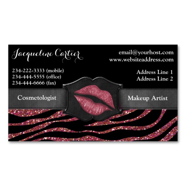 Elegant Marsala Zebra Glitter Kiss Cosmetologist Magnetic Business Card (Front)