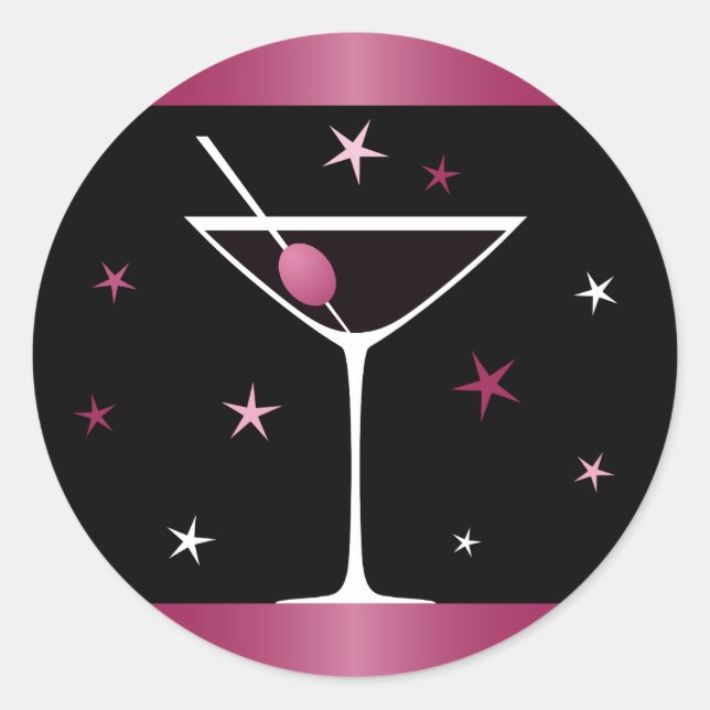 Elegant martini cocktail drink glass fuchsia black classic round sticker (Front)