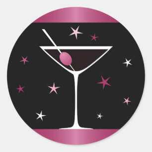Elegant martini cocktail drink glass fuchsia black classic round sticker