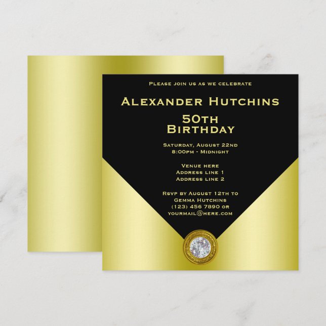 Elegant Masculine Black & Gold Birthday Invitation (Front/Back)