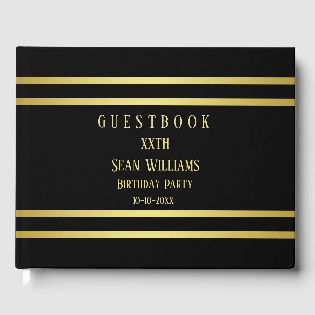 Elegant Masculine Gold & Black Birthday Guest Book (Front)