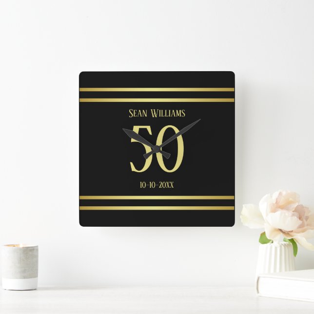 Elegant Masculine Gold & Black Birthday Square Wall Clock (Home)