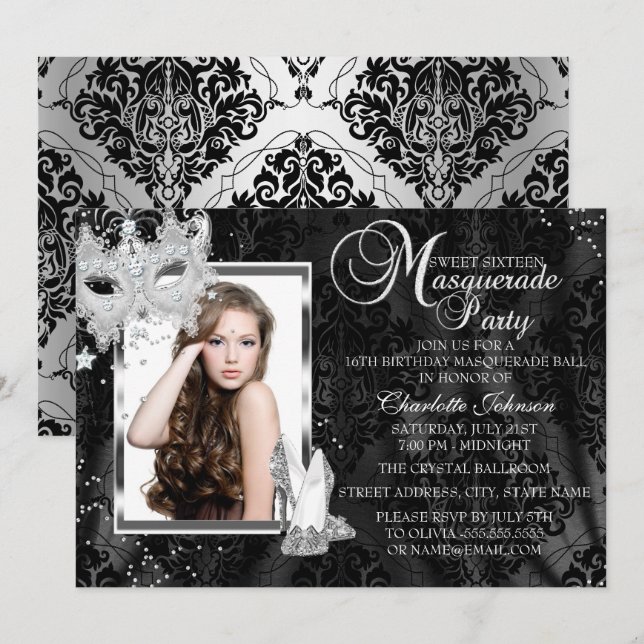 Elegant Mask Heels Masquerade Photo Sweet 16 Invitation (Front/Back)