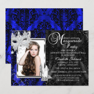 Elegant Mask & Heels Navy Masquerade Sweet 16 Invitation