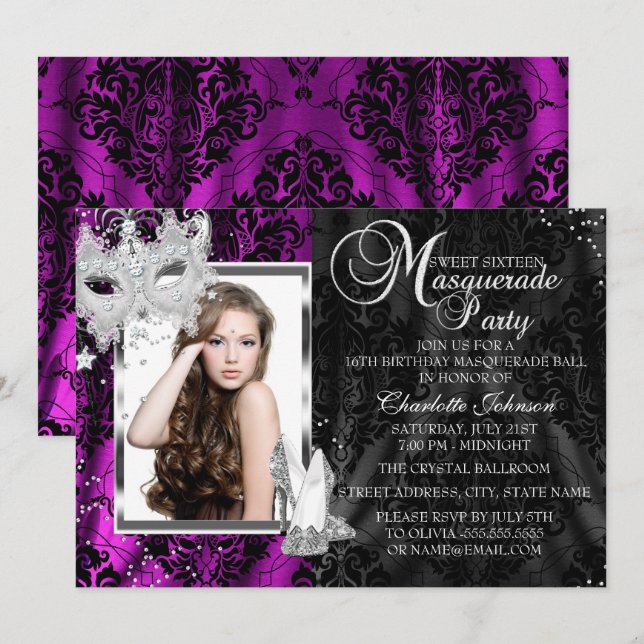 Elegant Mask Heels Pink Masquerade Photo Sweet16 Invitation (Front/Back)