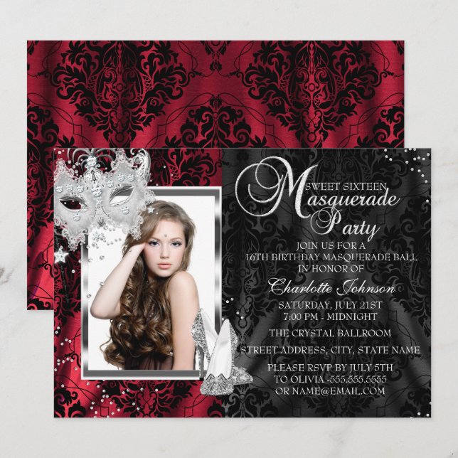Elegant Mask & Heels Red Masquerade Sweet 16 Invitation (Front/Back)