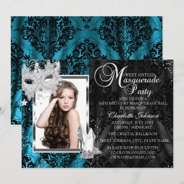 Elegant Mask Heels Teal Masquerade Photo Sweet16 Invitation (Front/Back)