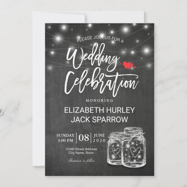 Elegant Mason Jar String Light Wedding Celebration Invitation (Front)