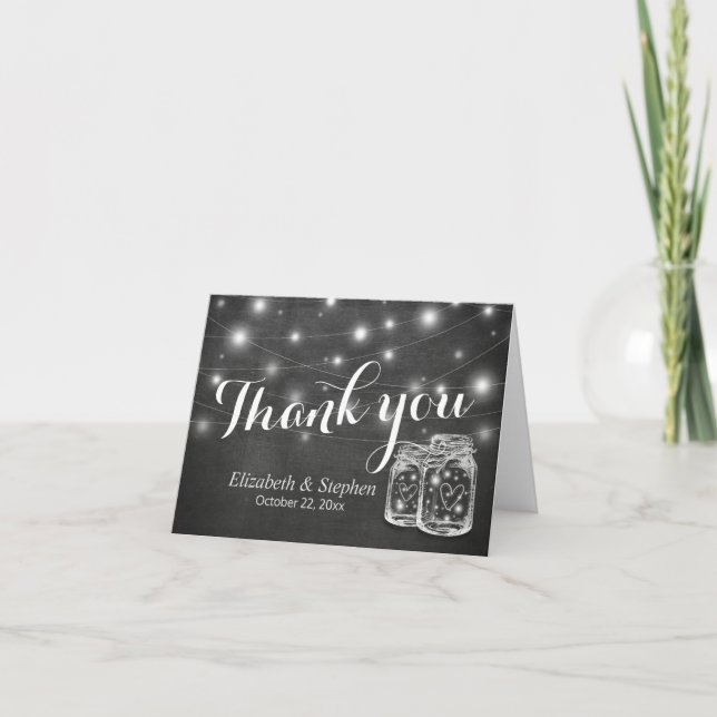 Elegant Mason Jar String Lights Wedding Thank You (Front)