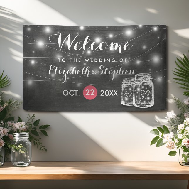 Elegant Mason & Jar String Lights Wedding Welcome Banner (Creator Uploaded)