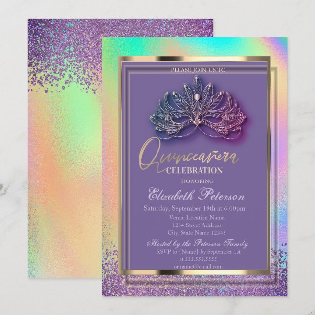 Elegant Masque Diamonds Rainbow Holographic  Invitation (Front/Back)