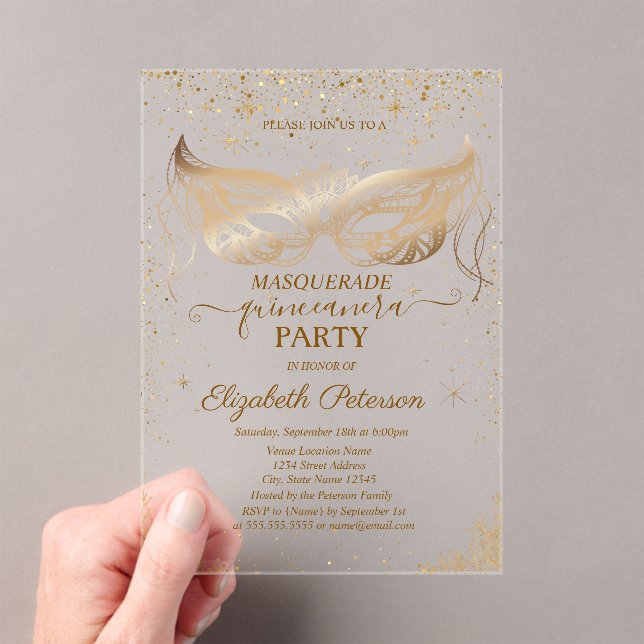 Elegant Masque Stars Confetti Quinceañera Acrylic Invitations (Insitu (Handheld))