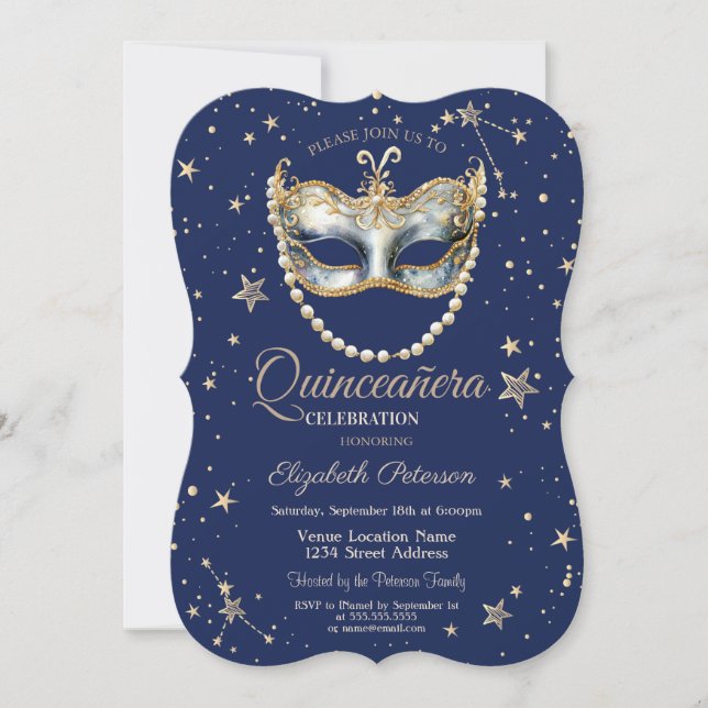 Elegant Masque Stars Navy Blue Quinceanera Invitation (Front)