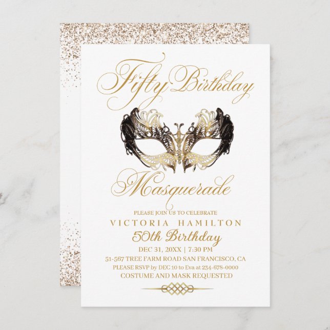 Elegant Masquerade 50th Birthday Gold Invitation (Front/Back)
