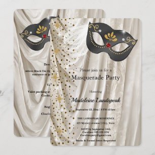 Elegant Masquerade Ball Charcoal Mask Ivory Silk Invitation