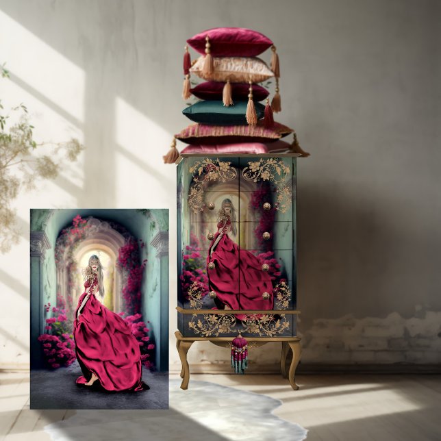 Elegant masquerade lady dreamy floral Portrait Art Tissue Paper (Viva Magenta, Mystery Woman, Floral Archway, Elegant Dress, Vibrant Portrait Art, Decoupage Paper)