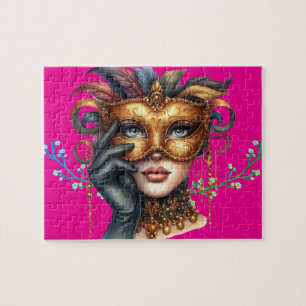 Elegant Masquerade Lady, Gold Mask Jigsaw Puzzle