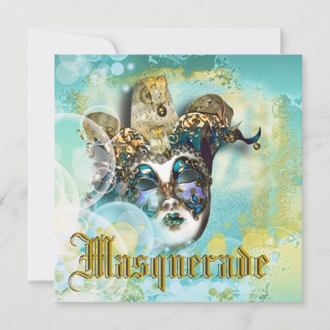 Elegant masquerade mask gold hat teal floral chic invitation (Front)