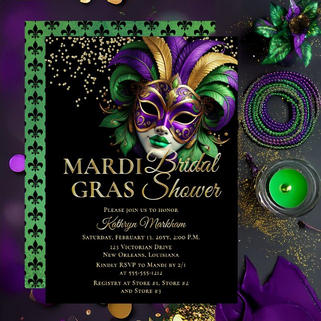 Elegant Masquerade Mask Mardi Gras Bridal Shower (Elegant Purple, Green and Gold Tone Masquerade Mask Mardi Gras Party Invitation -- Gold Foil Text )