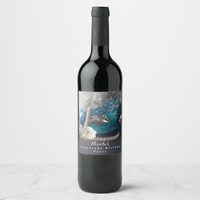Elegant Masquerade Mask & Pearls Party Wine Label (Front)