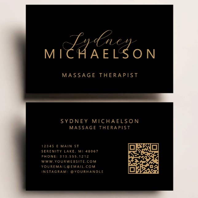 Elegant Massage Therapist QR Code Black Gold Business Card (Creator Uploaded)