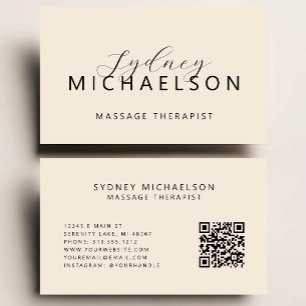 Elegant Massage Therapist QR Code Neutral Beige Business Card