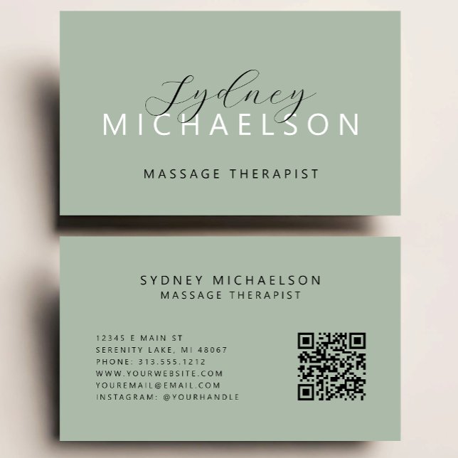Elegant Massage Therapist QR Code Sage Green Business Card (Creator Uploaded)