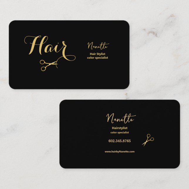 Elegant Master Hairstylist Black and Gold  Business Card (Front/Back)