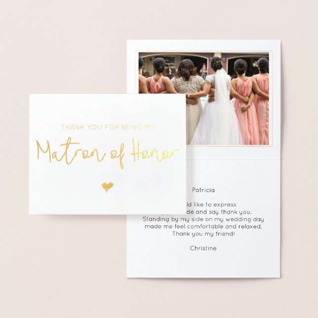 Elegant Matron of Honour Thank You Photo Gold Foil Card (Display)