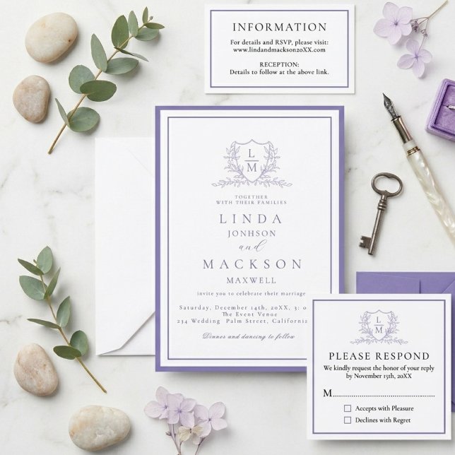 Elegant Mauve & botanical crest monogram wedding Invitation (Creator Uploaded)