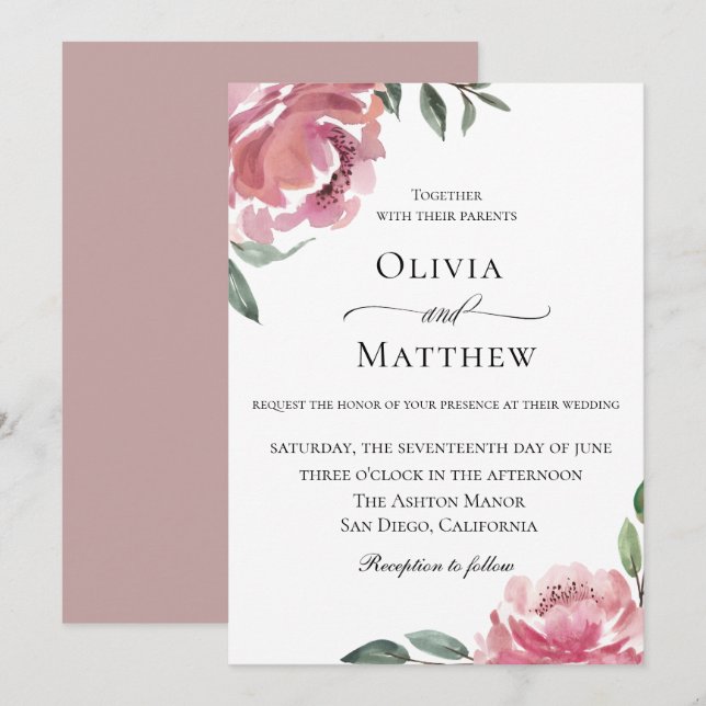 Elegant Mauve Botanical Wedding Invitation (Front/Back)