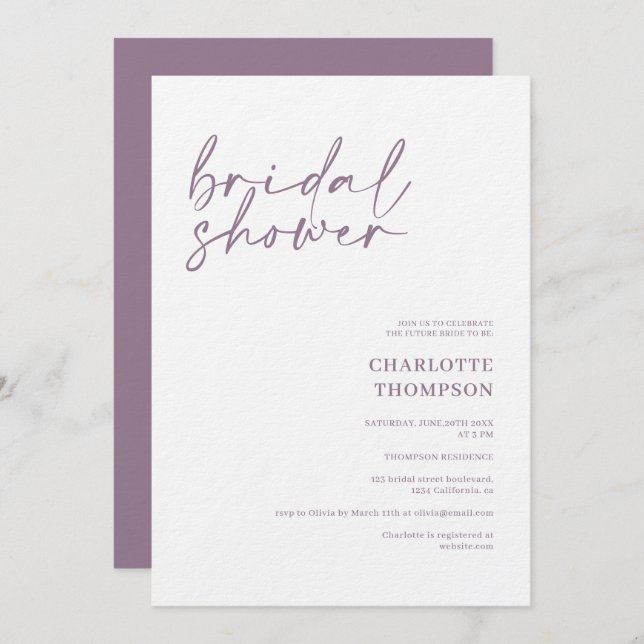 Elegant mauve casual script bridal shower invitation (Front/Back)
