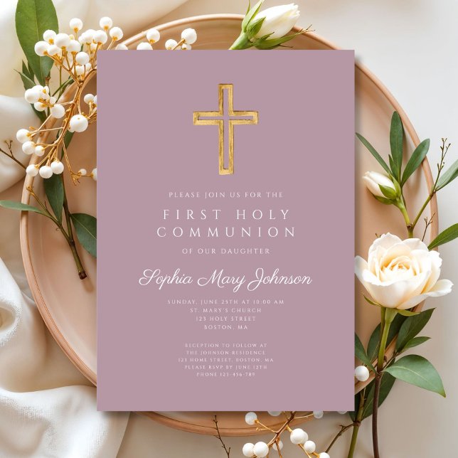 Elegant Mauve Cross Religious Girl First Communion Invitation (Elegant Mauve Cross Religious Girl First Communion Invitation)