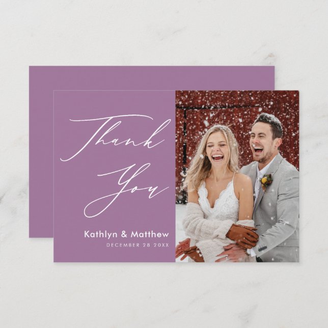 Elegant Mauve Elegant Script Modern Photo Wedding Thank You Card (Front/Back)
