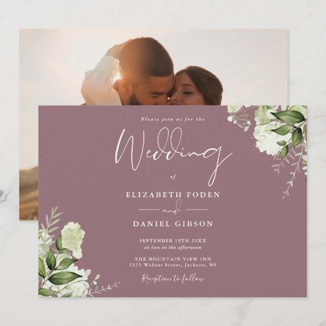 Elegant Mauve Floral Greenery Photo Wedding Invitation (Front/Back)
