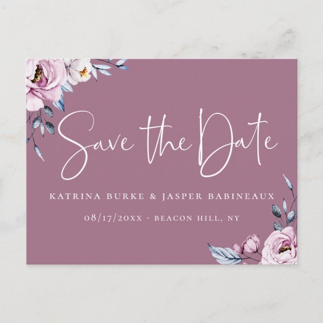 Elegant Mauve Floral Save the Date Announcement Postcard (Front)