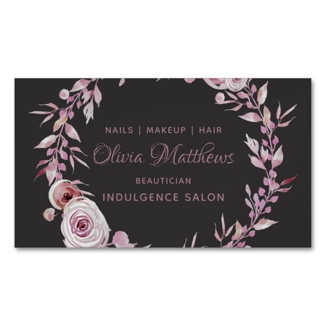 Elegant Mauve Floral Wreath Frame Feminine Magnetic Business Card (Front)