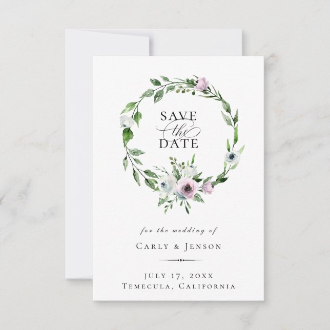 Elegant Mauve Floral Wreath Save The Date Announcement (Front)