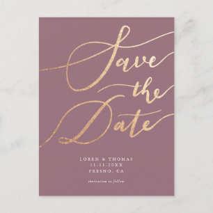 Elegant Mauve Gold Script Save the Date Announcement Postcard