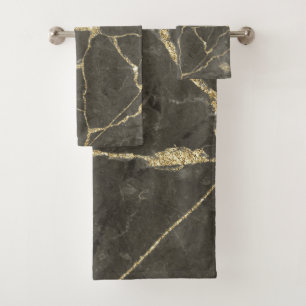Elegant mauve grey faux gold glitter marble bath towel set