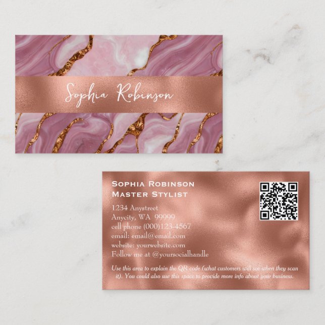 Elegant Mauve Marble and Faux Copper Business Card (Front/Back)