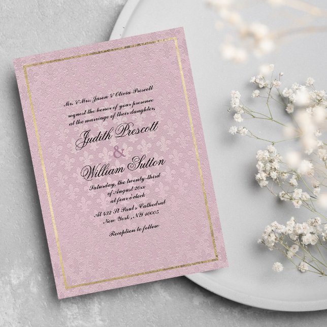 Elegant mauve pink fleur de lis floral wedding invitation (Elegant mauve pink fleur de lis floral wedding)