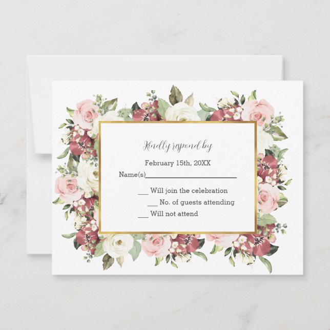 Elegant Mauve Pink Florals Gold Frame Wedding RSVP (Back)