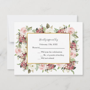 Elegant Mauve Pink Florals Gold Frame Wedding RSVP