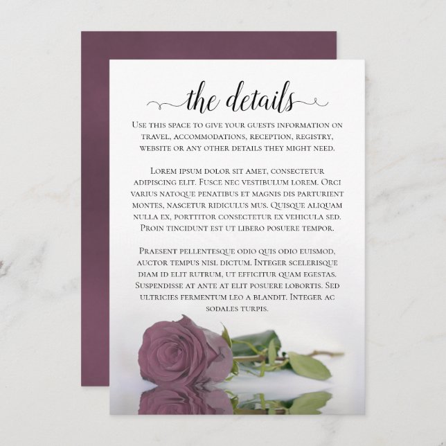 Elegant Mauve Pink Reflecting Rose Wedding Details Enclosure Card (Front/Back)