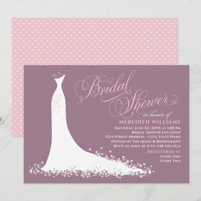 Elegant Mauve Pink Wedding Gown Bridal Shower Invitation (Front/Back)
