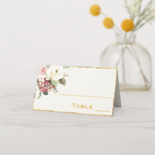 Elegant Mauve Pink White Florals   Luxe Gold Edge Place Card